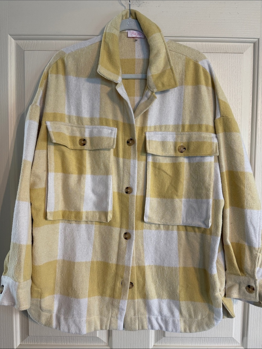 Pink Lily Yellow and White Plaid Button-Down Shirt Jacket